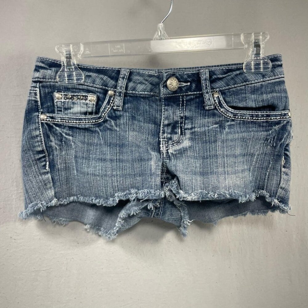 Soundgirl Blue Denim Stretch Embroidered Cutoff Booty Shorts Size 1 Waist 28